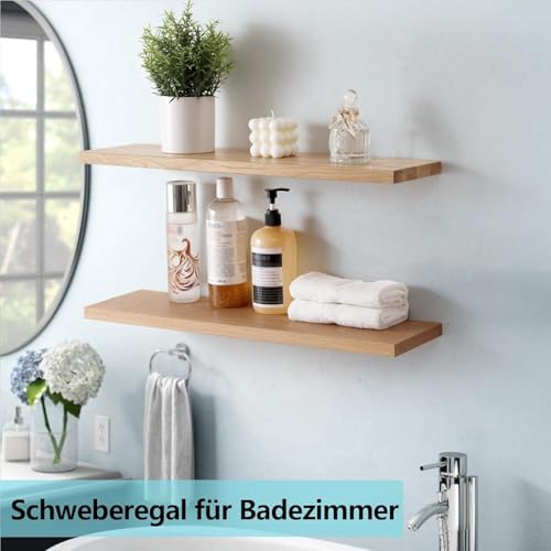 Gieanoo zwevend houten rek, wandrek eiken 60 cm plank eiken wandrek kruidenrek plank voor badkamer, slaapkamer, woonkamer, keuken, Off