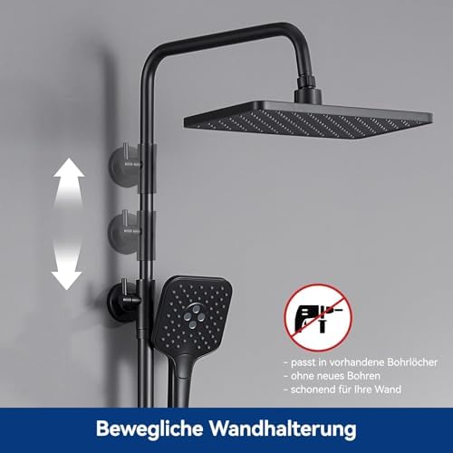 Douchesysteem met thermostaat en glazen plank, douchekraan, complete set met 12-inch regendouchekop, handdouche, 3 straalsoorten, waterbesparend, in
