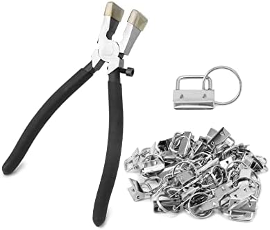 Pakket van 40 zilveren lanyard-blanks met sleutelring en 1 vouwtang, voor 25 mm breed bandmateriaal