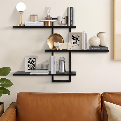 Wandplanken met 3 niveaus, decoratieve zwevende plank voor aan de muur, planten- en fotoplank voor opslag en presentatie, houten plank voor de woonkamer, Sc