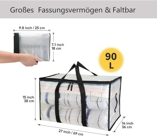 Set van 2 doorzichtige opbergzakken voor kleding, waterafstotende, verstevigde opbergzakken, opvouwbare opbergboxen van 91 l, kledingkast-organizer, verhuiszakken voor beddengoed, C