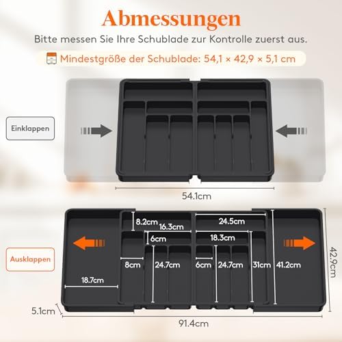 Grote bestekbak voor lades, verstelbare breedte 54,1–91,4 cm, diepte 43 cm, 11–13 vakken, uitneembare kunststof lade-indeler voor de keuken