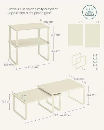 Kruidenrek, set van 2 keukenorganizers, keukenrek, kastorganizer voor de keuken, uitbreidbaar, klein rek, stapelbaar, van metaal en houtcomposiet, crèmewit