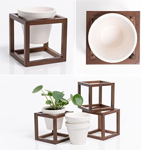 Lille wandvazen, hangende bloempotten in een frame van echt hout, 3-delige plantenpotenset van keramiek en hout voor aan de muur, op tafel en meer, walnootbruin