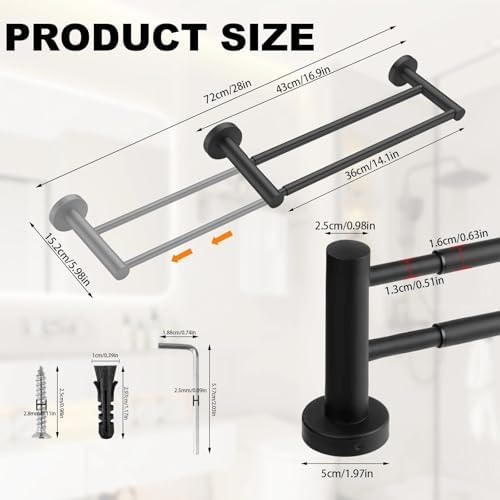 Uitschuifbare handdoekhouder, 43–72 cm, roestvrij staal 304, dubbele stangen, zwart, voor badkamer/keuken/hotel