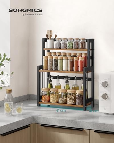 Kruidenrek met 3 niveaus, keukenrek, opbergrek, voor aanrechtblad, bamboe frame, voor keuken, eetkamer, kantoor, vintage bruin-zwart OFS047B0