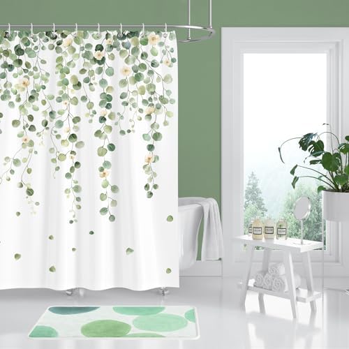 Douchegordijn, groene bladeren, 180 x 180 cm, eucalyptusblad, plant, douchegordijn, waterdicht en schimmelbestendig, wasbaar, polyesterweefsel, badkamergordijn voor badkuipen, met 12 haken
