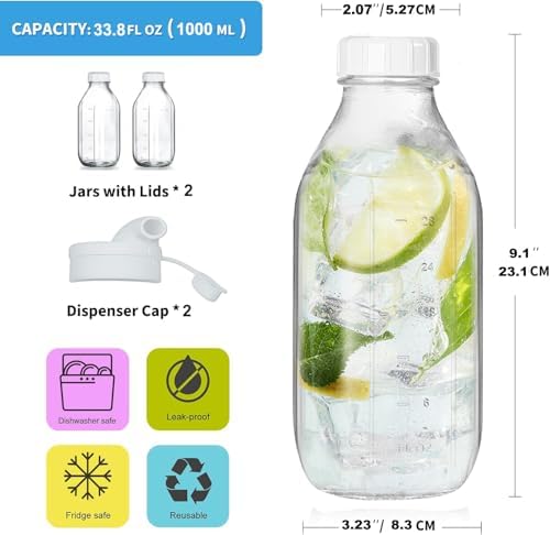 Smoothiefles, set van 2 melkflessen met deksel, glazen flessen van 1 liter om te vullen, herbruikbare smoothieglazen met deksel, ideaal voor sap, melk, milkshakes