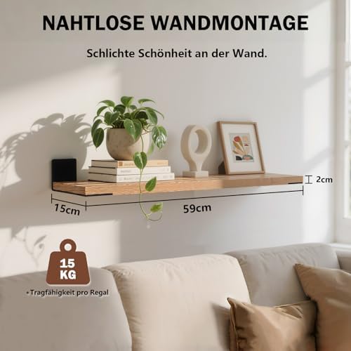 Wandplank 60 cm, set van 2, massief houten hangplanken met stalen beugels, draagvermogen 15 kg, decoratieve plank voor woonkamer/slaapkamer/kantoor – gerookt eiken & zwart