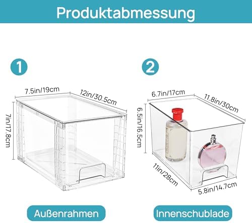 Set van 4 middelgrote stapelbare opberglades, transparante acryl lade-organizers met handgrepen, eenvoudige montage voor badkamer, kast, berging, make-up