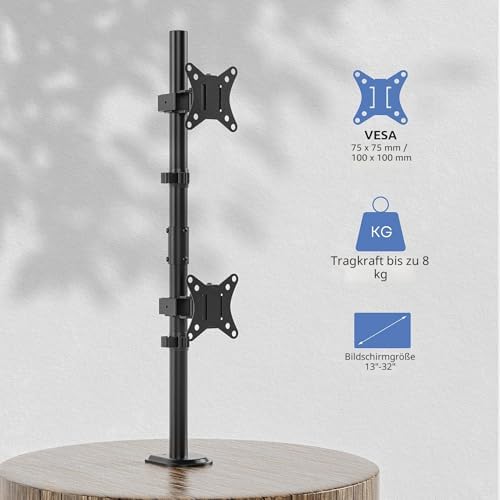 Monitorbeugel voor 2 monitoren, extra hoge stang van 80 cm, verticale stapelbare monitorbeugel voor 17- tot 32-inch monitoren tot 9 kg, dubbele monitorstandaard met zwenk-, kantel- en draaifunctie