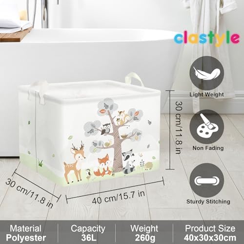 Opbergmand van 36 l met bosdieren (herten, vossen) voor kinderen, met handvat, witte rechthoekige opbergbox voor speelgoed en kleding voor de kinderkamer en badkamer