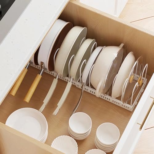 Pannendekselhouder, uitbreidbare pannendekselorganizer, opbergruimte met 10 verstelbare scheidingswanden, antislip pannenhouder, keukenorganizer (wit)