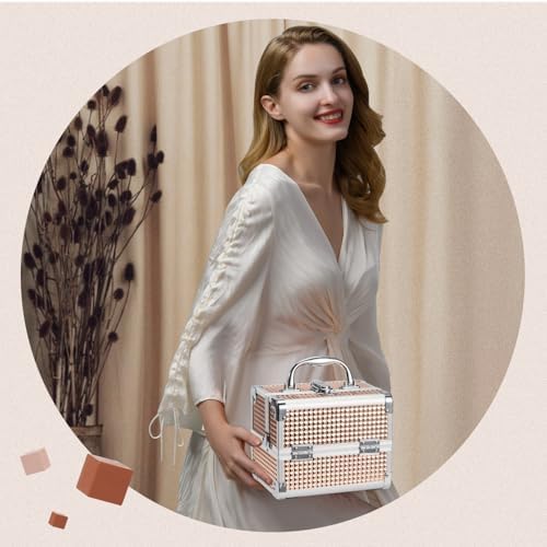 Cosmetica-box, make-uptasje, cosmetica-tasje, etui met meerdere vakken, roségoud