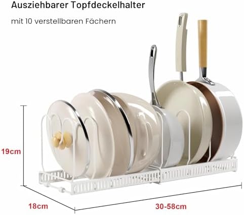 Pannendekselhouder, uitbreidbare pannendekselorganizer, opbergruimte met 10 verstelbare scheidingswanden, antislip pannenhouder, keukenorganizer (wit)