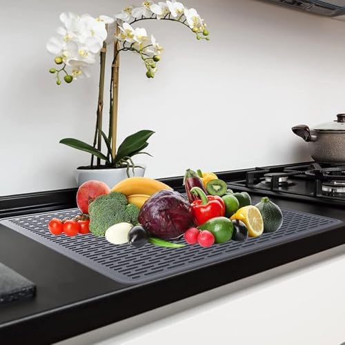 Siliconen afdruipmat, 71 x 50 cm, afdruipmat voor servies, afdruipmat, gootsteenmat voor de keuken om servies en glazen te drogen (zwart)