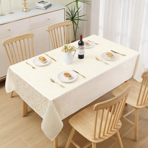 Rechthoekig tafelkleed van polyester, jacquard tafellinnen, wasbaar, decoratief, vuilafstotend, onderhoudsvriendelijk, 140 x 240 cm, beige