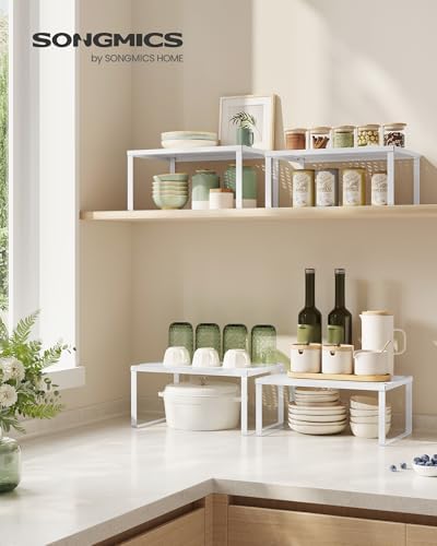 Kruidenrek, set van 4, keukenrek, keukenorganizer, keuken, kruidenhouder, uitbreidbaar, stapelbaar, klein rek, metaal, wit KCS006W01