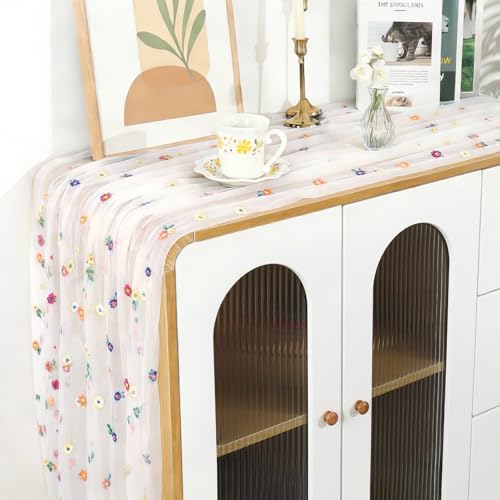 Met tule geborduurde tafelloper, wit, 72 x 300 cm, tafelloper van kaasdoek, chiffonbloemen, tafeldecoratie, gaas-tafelkleed, tafelloper met madeliefjes