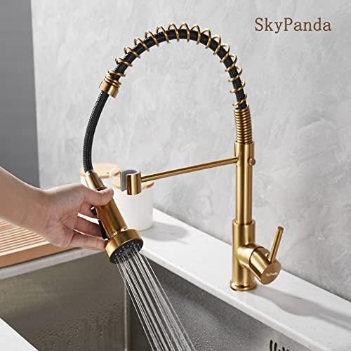 Goudkleurige keukenmengkraan met uittrekbare handdouche, commerciële 360°-draaibare kraan, 3 standen met 2 uitlopen (straal en sproeistraal), douchekop (H-goud geborsteld)
