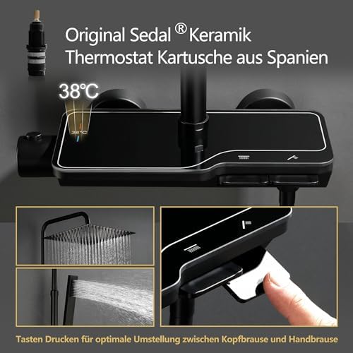 Roestvrijstalen doucheset met douchekraan, complete set, regendouche, douchesysteem met thermostaat, hoofddouche, handdouche, douchestang, matzwart (