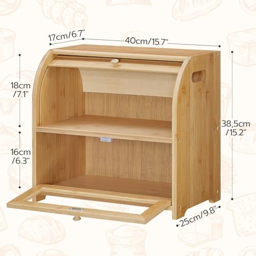Bamboe broodmand, broodmand met 2 verdiepingen, broodkist, broodbewaarkist met roldeksel en vitrine, broodbak voor broodjes en gebak, voor in de keuken en