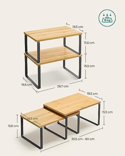 Kruidenrek, set van 4, keukenrek, keukenorganizer, uitbreidbaar, kruidenhouder, stapelbaar, met metalen frame, 19,5 x 29,7 x 15,8 cm, diepzwart-naturel