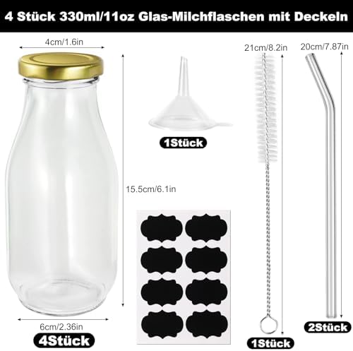Set van 4 glazen flessen van 330 ml: smoothiefles, melkfles met deksel en rietje, herbruikbare sapflessen om te vullen met sap, smoothies, melk, voor school,