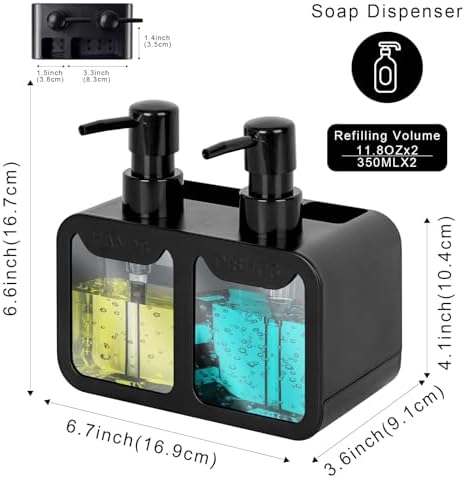Keukenzeepdispenser, hand- en afwaszeepdispenser en sponshouder met borstelhouder, 3-in-1 werkbladorganizer voor keukengootsteen, zwart