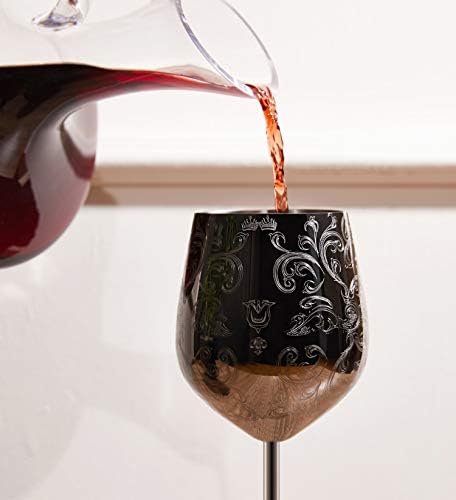 Roestvrijstalen wijnglazen, set van 2 zwarte wijnglazen, met gedetailleerde en barokke gravures, wijnglas in koninklijke stijl, 17 ounce, met de hand afwassen