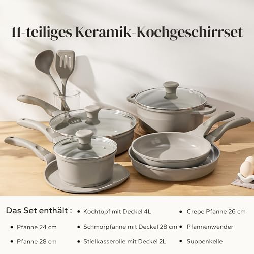 Pannenset, keramische pannenset, inductie, kookgerei, 11-delig, inductiepannenset met glazen deksel, PTFE-vrij, PFAS-vrij, geschikt voor alle soorten fornuizen