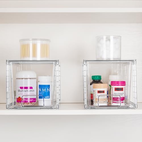 Set van 4 middelgrote stapelbare opberglades, transparante acryl lade-organizers met handgrepen, eenvoudige montage voor badkamer, kast, berging, make-up