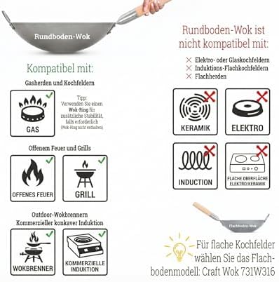 Traditionele, met de hand gehamerde wok van koolstofstaal met houten en stalen handgreep (diameter 35,6 cm, ronde bodem) / 731W88 van