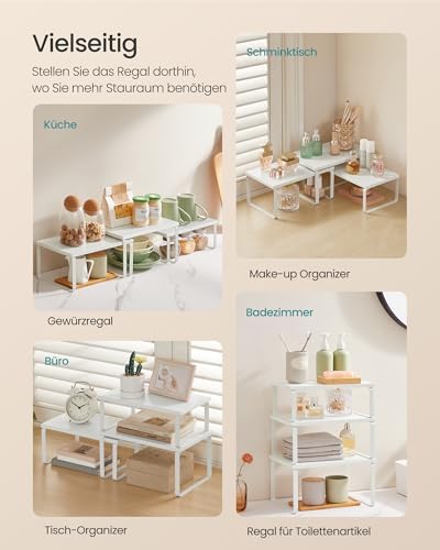 Kruidenrek, set van 3 keukenorganizers, keukenrek, stapelbaar, uitbreidbaar, metaal en houtcomposiet, sneeuwwit-matwit KCS220W01