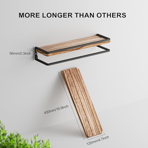 Wandplank van hout en metaal, set van 2 wandplanken 42 cm, hangplanken voor badkamer, slaapkamer, woonkamer, keuken, thuiskantoor, wasruimte