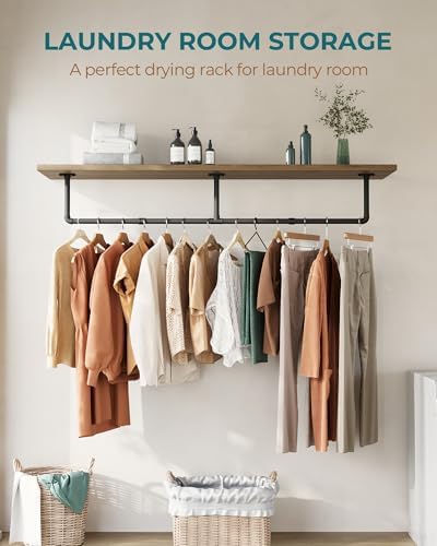 2-delige kledingstandaard, industriële kledingstang, wandgemonteerd, 66 inch buisstang om aan de muur te hangen, slaapkamer, zwarte metalen voet, 3