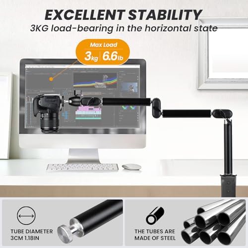 Overhead statief-camera-tafelstatief-klem – Flexibele knikarm voor bevestiging aan een tafel met 3/8-inch schroefdraad en 3/8-inch-naar-1/4-inch schroefadapter voor