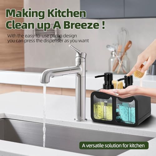 Keukenzeepdispenser, hand- en afwaszeepdispenser en sponshouder met borstelhouder, 3-in-1 werkbladorganizer voor keukengootsteen, zwart