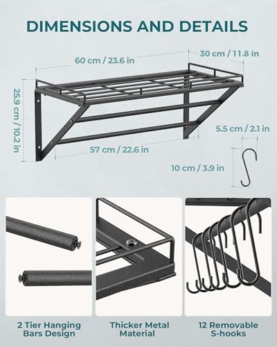 Pannenrek, 3-laags keukenrek van ijzer, wandgemonteerd, pannenrek met 12 haken, 60 x 29,5 x 24,5 cm, houder voor keukengerei, keukenwandrek voor pannen