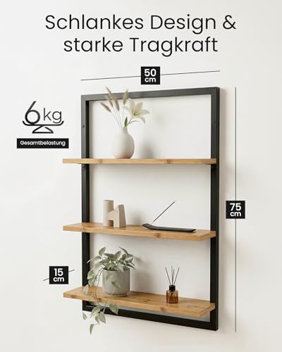 Wandplank van bamboe met zwart metalen frame, 75x50x15cm, hangende plank met modern design, wandplank van metaal en hout, wandmeubel voor de woonkamer