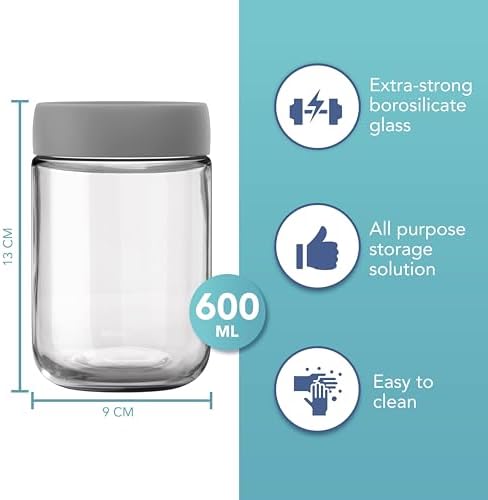 Havermoutpotten met deksel voor overnight oats, 600 ml, met luchtdichte, kleurrijke schroefdeksels, voedselveilige glazen ontbijtpotten met deksel voor yoghurt en chia-pudding, 600 ml, herbruikbaar