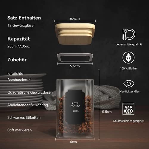 Set vierkante kruidenpotjes – 12 x 200 ml, hoogwaardige glazen kruidenpotjes, glazen potjes met bamboedeksel, luchtdichte voorraadpotjes, glazenset met etiketten en