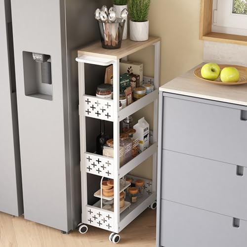 Metalen trolley met 4 niveaus, nischerek op wielen, smalle keukentrolley met werkblad, nischtrolley voor kleine ruimtes, keuken, woonkamer, werkkamer, badkamer (wit)
