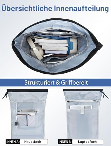 Rugzak voor dames en heren, rolltop-rugzak, waterdichte laptoprugzak, schoolrugzak met 15,6-inch laptopvak, vrijetijdsrugzak, dagrugzak voor de universiteit
