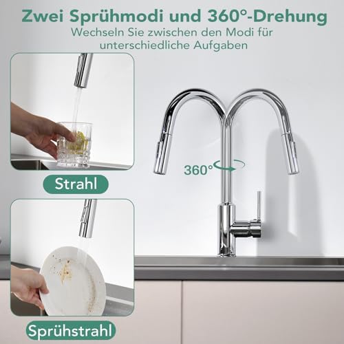Keukenkraan met uittrekbare sproeikop, uittrekbare kraan, 360 graden draaibaar, twee sproeifuncties, chroom