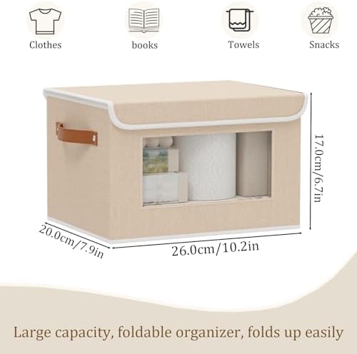 Opbergbox met deksel, stof, kastorganizer, kledingkast, opbergboxen met kijkvenster, opvouwbare box met handvat, 3 stuks, beige, 26 x 20 x 17 cm