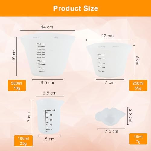 Set van 6 siliconen maatbekers – 500 ml/250 ml/100 ml/10 ml herbruikbare maatbekers met schaalverdeling – Mengbekers van epoxyhars voor doe-het-zelvers, hobbyisten, laboratoria en keukens