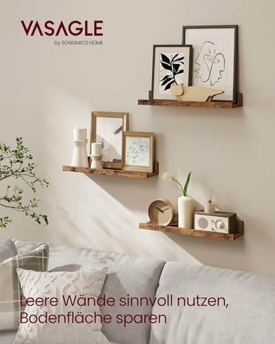 Wandplanken, set van 3 zwevende planken, lengte 38 cm, verhoogde voorkant voor decoratieartikelen, kruidenpotjes en fotolijstjes, vintage bruin