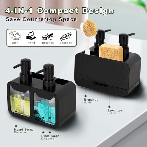 Keukenzeepdispenser, hand- en afwaszeepdispenser en sponshouder met borstelhouder, 3-in-1 werkbladorganizer voor keukengootsteen, zwart