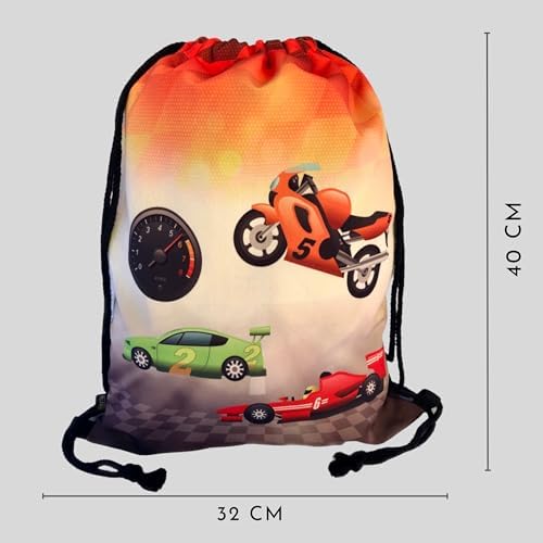 Kindersporttas raceauto – 40 x 32 cm – sportkleding waterfles – kleuterschool, school, stoffen tas kinderdagverblijf – rugzak, tas, sportrugzak, sporttas B